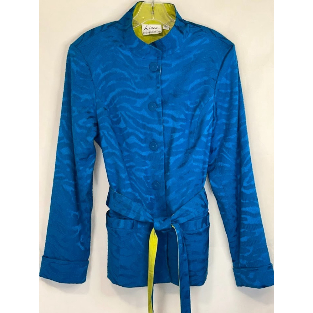 Linea by Louis Dell'Olio Zebra Cobalt Blue Chartreuse Jacket Shirt Belted Large